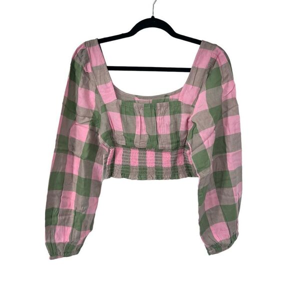 BP Pink & Green Buffalo Check Long Sleeve Crop Top - Picture 7 of 7